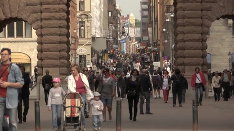 Stockholm / Sweden - 07 07 2018: Stockholm Downtown Walking Street. Crowded Street. Tourism In Sweden.