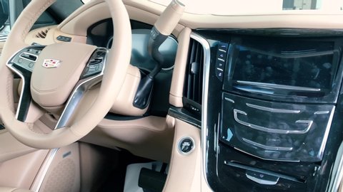 DUBAI, UAE - November 9, 2019: Remarkably elegant interior of Cadillac Escalade car , Cadillac is the Luxury Division of General Motors.