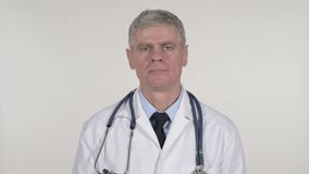 Online Video Chat by Senior Doctor on White Background