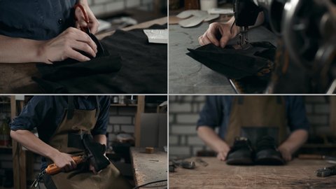 Collage shoes designing and cutting the pattern for the shoe parts with piece of leather in workshop for shoe manufacture. Multi camera of traditional vintage shoemaker craftsman working with leather