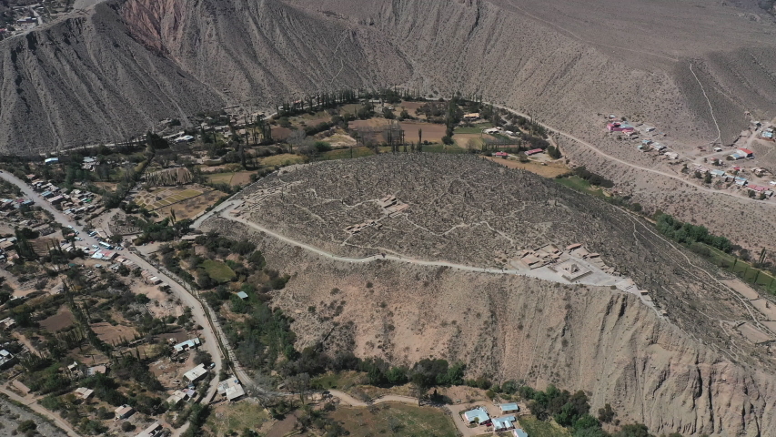 Drone view of the archaeological site of Pucara de Tilcara, Tilcara,Quebrada de Humahuaca, Jujuy, Aerial View, Argentina, South America, America
