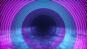 Abstrac motion background. Neon lights. Glowing dots spiral tunnel. Bright vibrant dots. laser illumination. Pink and blue colors. Reflective metal scratched texture floor. Seamless loop 3d render - Powered by Shutterstock - Get 15% off with code: PIKWIZARD15