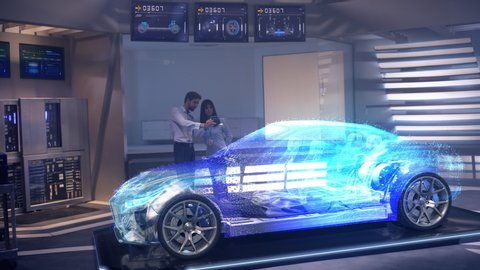 Concept of Electric Vehicle: Automotive engineers analyzing design of Electric Car using augmented holographic technology. High-tech industrial facility. Shot on RED Epic W Helium 8K Cinema Camera.