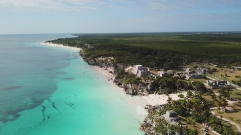 Tulum ruins in the Yucatan in Mexico - a popular destination for tourists. Overlooking the Caribbean Sea in the Riviera Maya. Aerial View