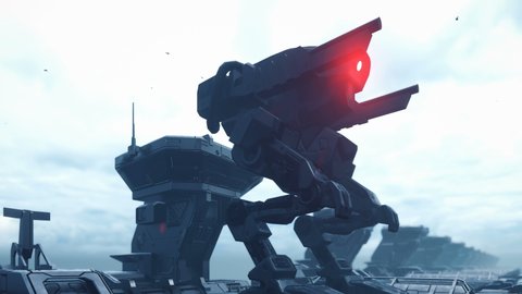 A huge military robot on a futuristic military training ground of the future. The apocalyptic view.