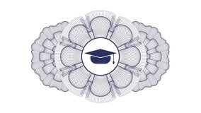 graduation cap icon inside Blue rotary linear rosette, passport trend, money stylized, quality loop animation, guilloche