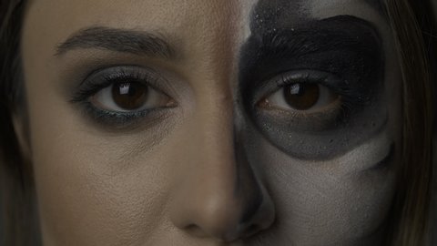 close up portrat eyes vamp woman with defiant makeup 4k