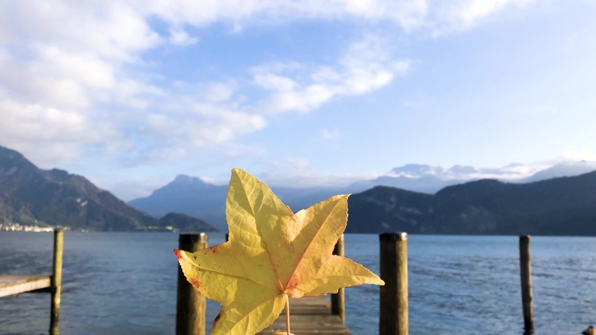 Yellow leaf in a female hand flickering in wind. Wooden pier scene at Lucerne lake in Switzerland. The panoramic view of the Alps mountains on a clear sunny autumn day.