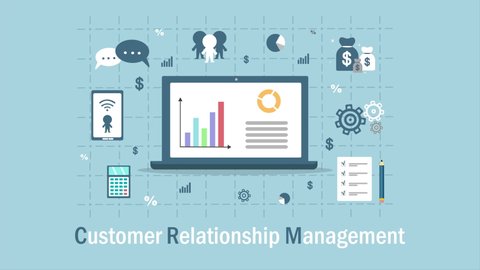 Customer Relationship Management. Flat icons of accounting system, clients, support, deal. Organization of data on work with clients, CRM concept. 4k animation footage
