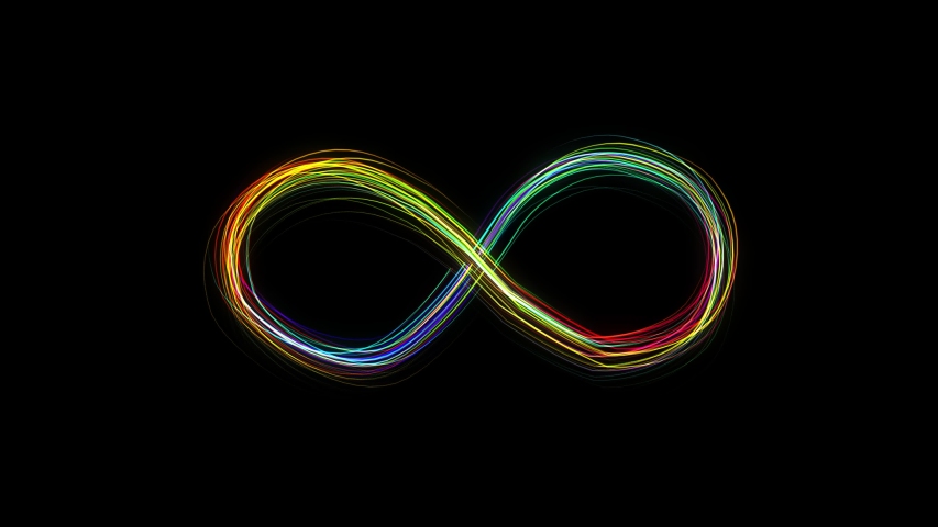 Infinity symbol appears of multiple glowing lines, animated figure. Emerging glowing gradient rainbow color infinity sign on black background from many lines. Lines draw moving infinity sign. | Shutterstock HD Video #1040846648