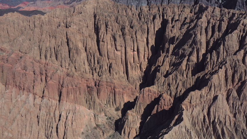 Eroded landscape in Tilcara, Tilcara,Quebrada de Humahuaca, Jujuy province, Aerial View, Argentina, South America, America