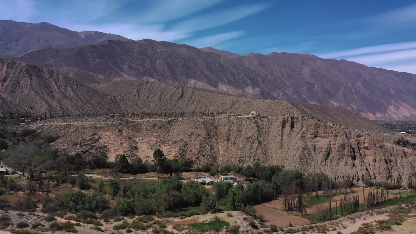 Drone view of Pucara de Tilcara, Tilcara,Quebrada de Humahuaca, Jujuy, Aerial View, Argentina, South America, America