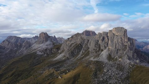 Aerial view fly over Italian Dolomites Alps ,Pass Giau. camera moves left to right