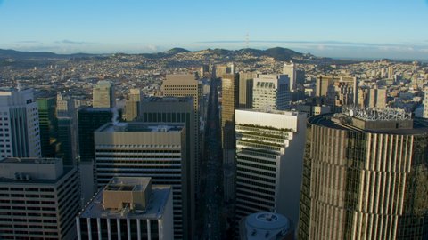 Aerial view of Market street and several skyscrapers. Financial District. Shot on Red weapon 8K. California, United States.