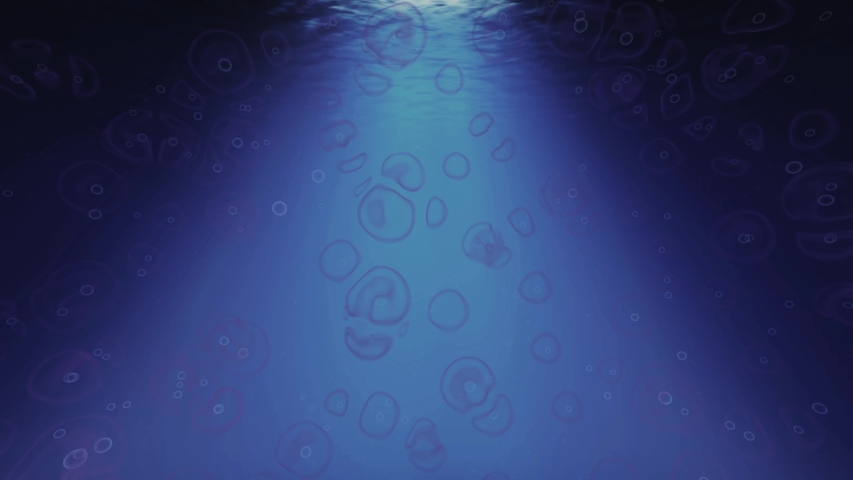 3D Giant Sea Monster with a fish shoal in the deep dark ocean