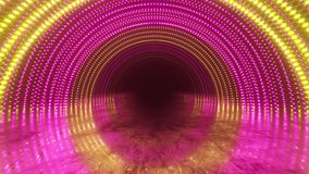Abstrac motion background. Neon lights. Glowing dots spiral tunnel. Bright vibrant dots. laser illumination. Pink and yellow colors. Reflective metal scratched texture floor. Seamless loop 3d render - Powered by Shutterstock - Get 15% off with code: PIKWIZARD15