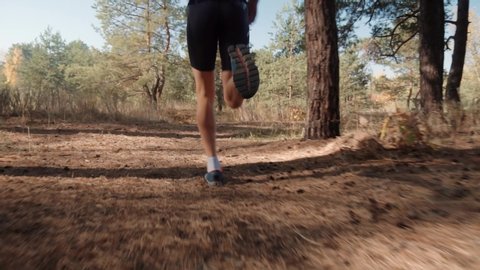 Running Man In Forest At Sunset.Runner Man Fit Athlete Legs Jogging Workout On Trail  To Triathlon.Triathlete Running,Sprinting And Endurance Workout Training.Marathon Runner Jog On Wood.Sport Concept