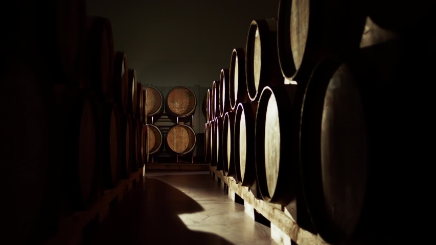 Worker in wine , whiskey or brandy warehouse sorting and rotating barrel . Two winemakers in vintage , traditional wine factory rolls barrel . Shot on ARRI ALEXA Cinema Camera in Slow Motion . Royalty-Free Stock Footage #1040868764