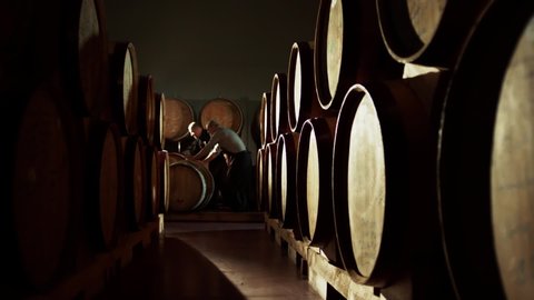 Worker in wine , whiskey or brandy warehouse sorting and rotating barrel . Two winemakers in vintage , traditional wine factory rolls barrel . Shot on ARRI ALEXA Cinema Camera in Slow Motion .