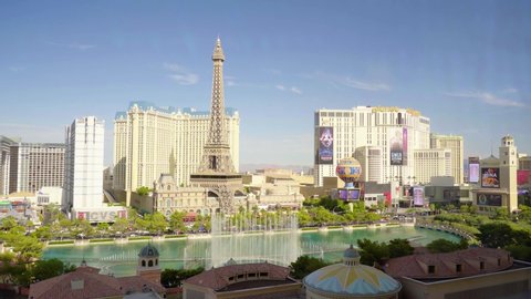 Las Vegas, NV - July 2019: Wide shot of the fountains at Bellagio on the Las Vegas Strip on a clear, sunny day.