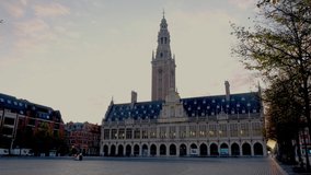 Leuven, The university library on the Ladeuze square at the early mormong, Province of Flemish Brabant, Flanders, Belgium