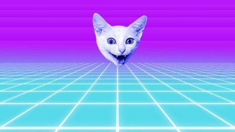 Animation art. Looping graphic animation in zin art style. Laser beams shoots from a cat's eyes. The head of a cat in 3d space.