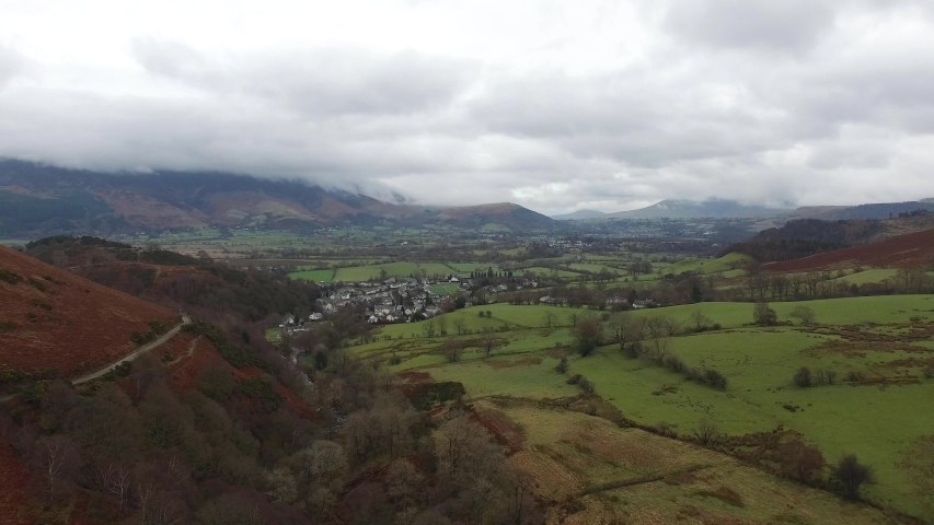 Aerial Drone Shot of the Coledale Valley Looking into the Vale of Keswick and Skiddaw. Lake District. UK