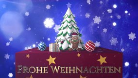 Beautiful Christmas animation with a gift, cake,baubles,candies, a Christmas tree with snow and a golden inscription of Merry Christmas in German Frohe Weihnachten. Snow is falling in white and blue background.  - Powered by Shutterstock - Get 15% off with code: PIKWIZARD15