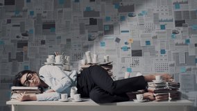 Exhausted corporate businesswoman sleeping on the desk after working overtime at night, she is surrounded by piles of paperwork and empty cups of coffee - Powered by Shutterstock - Get 15% off with code: PIKWIZARD15