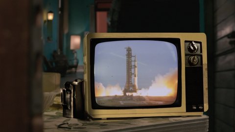 Apollo 11 Launch Seen on a Retro Television. Elements of this Video furnished by NASA. 4K Resolution.  