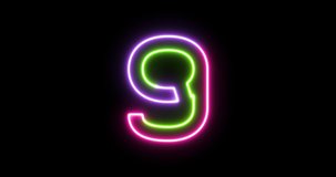 Outline neon glowing number 9 in thee popular neon colors on transparent background. Loop animation. 4k video. Alpha channel