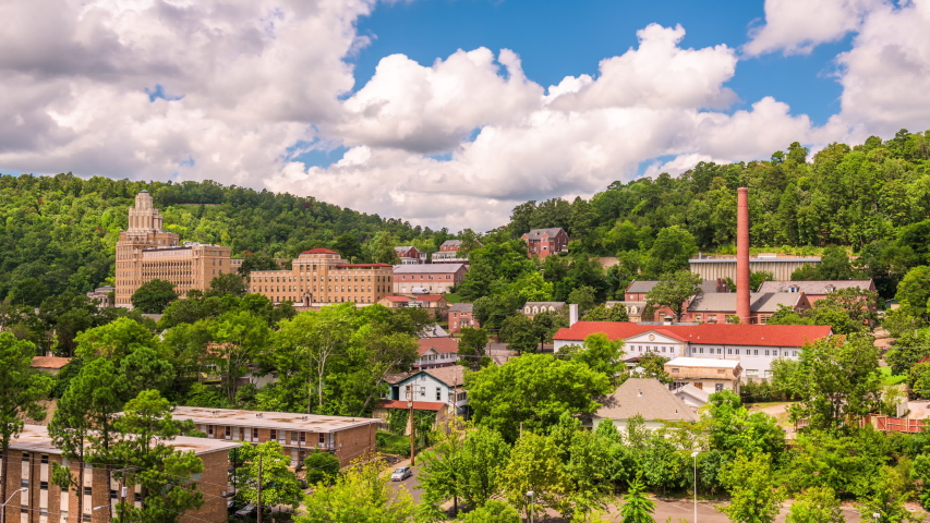 Hot Springs, Arkansas, USA town skyline in the mountains.