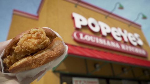 Bastrop, Texas - November 12 2019: Popeyes Louisiana Kitchen spicy chicken sandwich