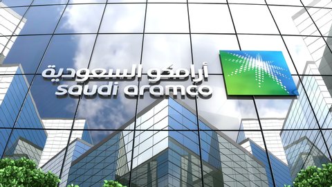 November 2019, Editorial use only, 3D animation, Saudi Aramco logo on glass building.
