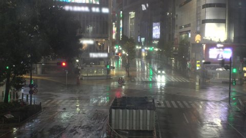 TOKYO, JAPAN - 12 OCTOBER 2019 : Powerful Typhoon Hagibis made landfall. Heaviest rain and winds in 60 years. View of Shibuya scramble crossing. Government issued highest level of disaster warning.
