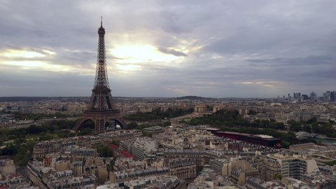 Aerial cityscape of Paris France and Eiffel Tower during sunset 