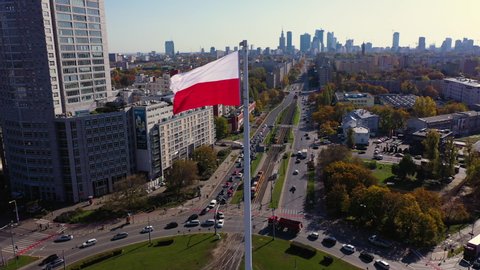 Warsaw/Poland - 11.05.2019: Drone footage of the Polish flag in the center point of roundabout.