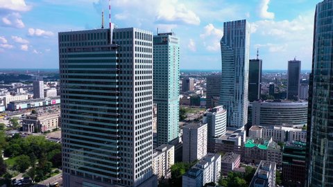 Warsaw/Poland - 11.03.2019:  Drone footage of skyscrapers in the city center.