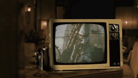 Apollo 11 Launch Seen on a Retro Television. Sepia Tone. Elements of this Video furnished by NASA. 4K Resolution. 