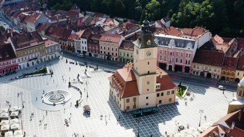 Aerial shot above the old city of Brasov, Romania