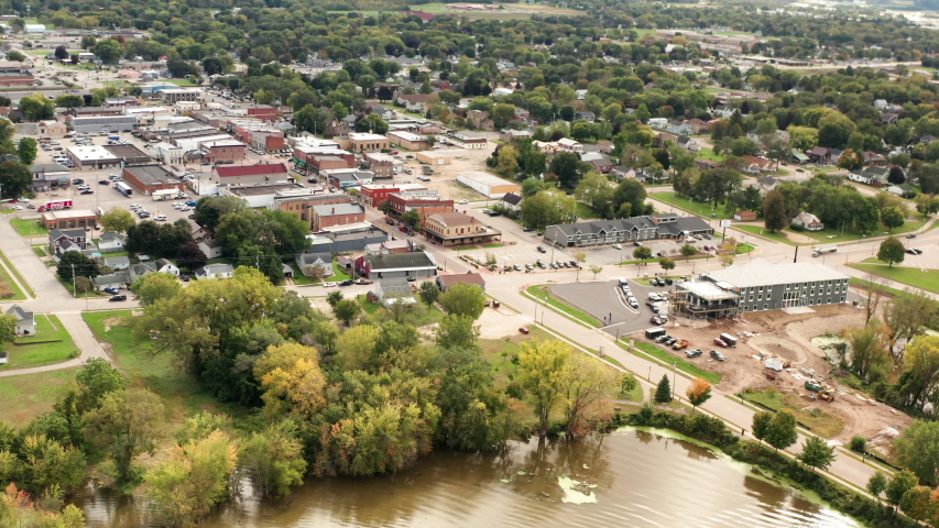Aerial view of small american city. Daytime, cloudy, drone flying forward. Prairie du Chien, Wisconsin. 