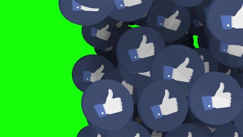 Istanbul, Turkey - November 9 2019: 4K. Icons of Facebook social media thumbs up animation at green screen background. Facebook like icons motion graphics.Transition effect from left to right.