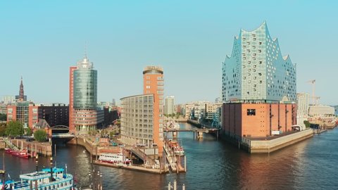 Aerial view of the modern prestigious and business district of Hamburg Hafencity on a nice fine day with a clear cloudless sky during before sunset