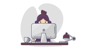 Animation flat illustration with cartoon woman support. Girl freelancer sits at a computer in headphones. Workplace animation with table lamp. Video animation clip SD, HD, 4K