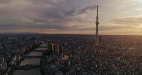 Aerial shot of Skytree and Tokyo cityscape at dawn, Japan