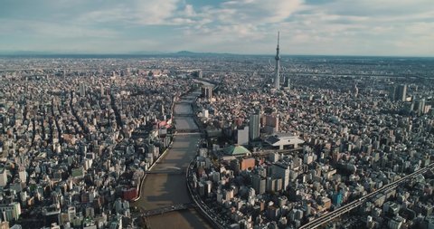 Aerial shot of City Tokyo at dawn, Japan