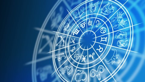 zodiac wheel with zodiac signs on blue background, future wheel