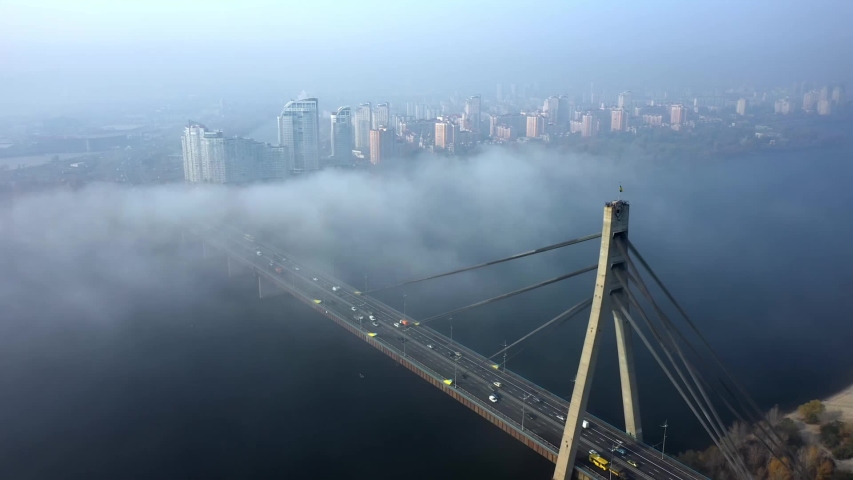Aerial View Of The Foggy Kyiv City In Autumn