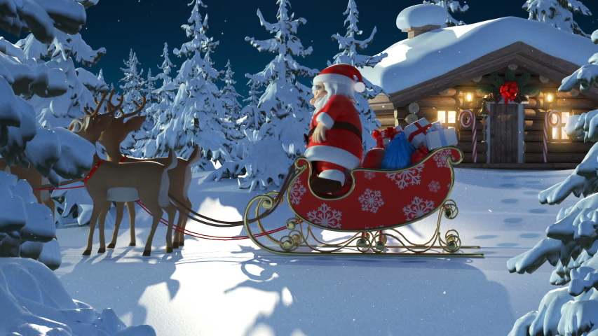 Santa Claus with Reindeer Goes on the Way from House of Santa and Flies Against the Moon. Beautiful 3d Animation with Writing Merry Christmas and Happy New Year Texts on a Green, Full HD