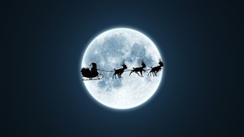 Santa Claus on a Reindeer Sleigh Flying on the Background of the Moon, Beautiful 3d Animation, Chroma Key Version Included. 4k Arkistovideo